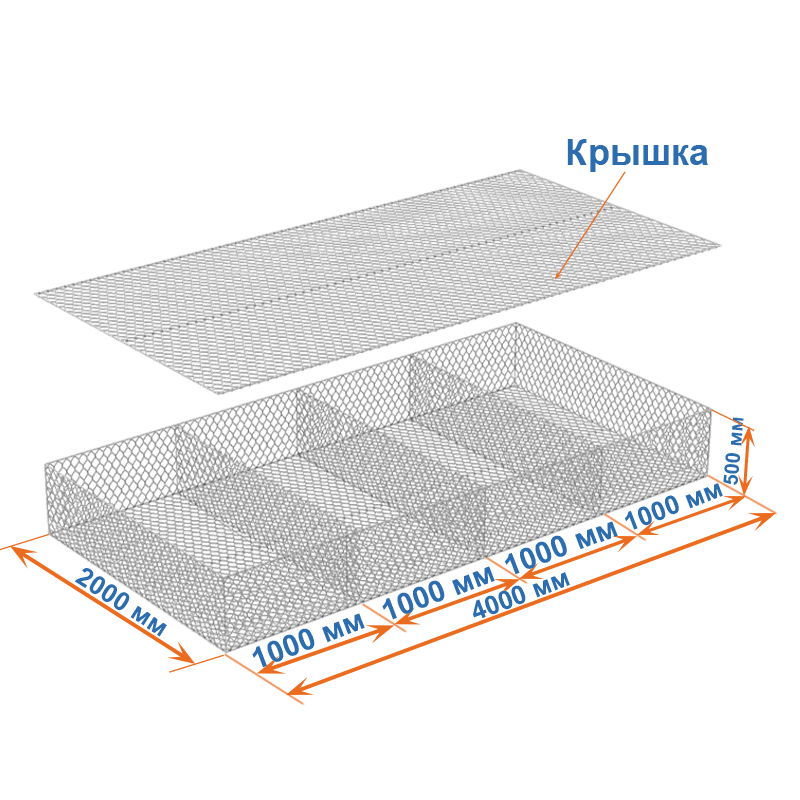Габион матрац  ГСИ-М 4х2х0,5 оцинкованный, Ø проволоки 2,7 мм, размер ячейки 8х10 см фото